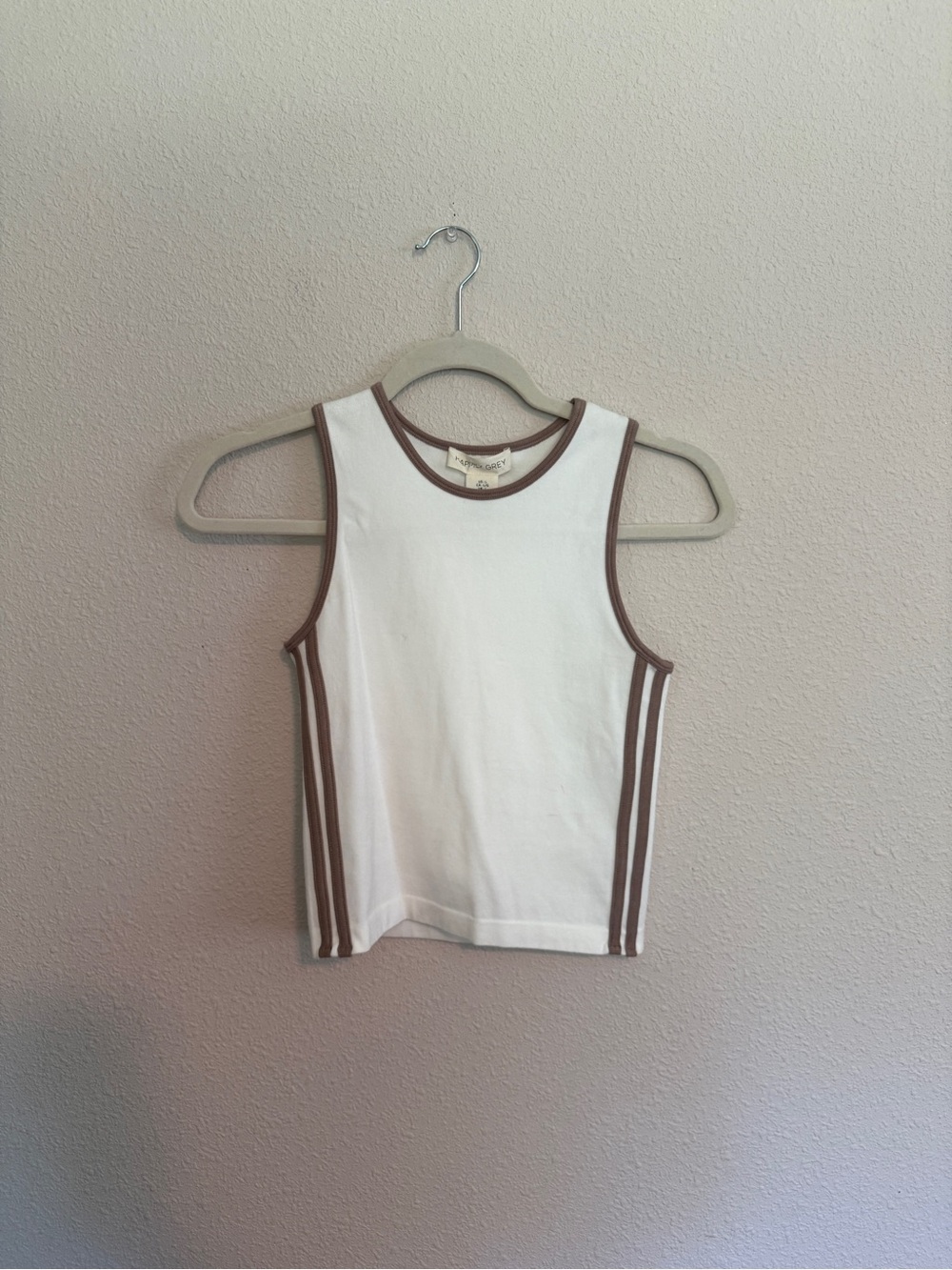 Sleeveless White Tank with Brown Trim